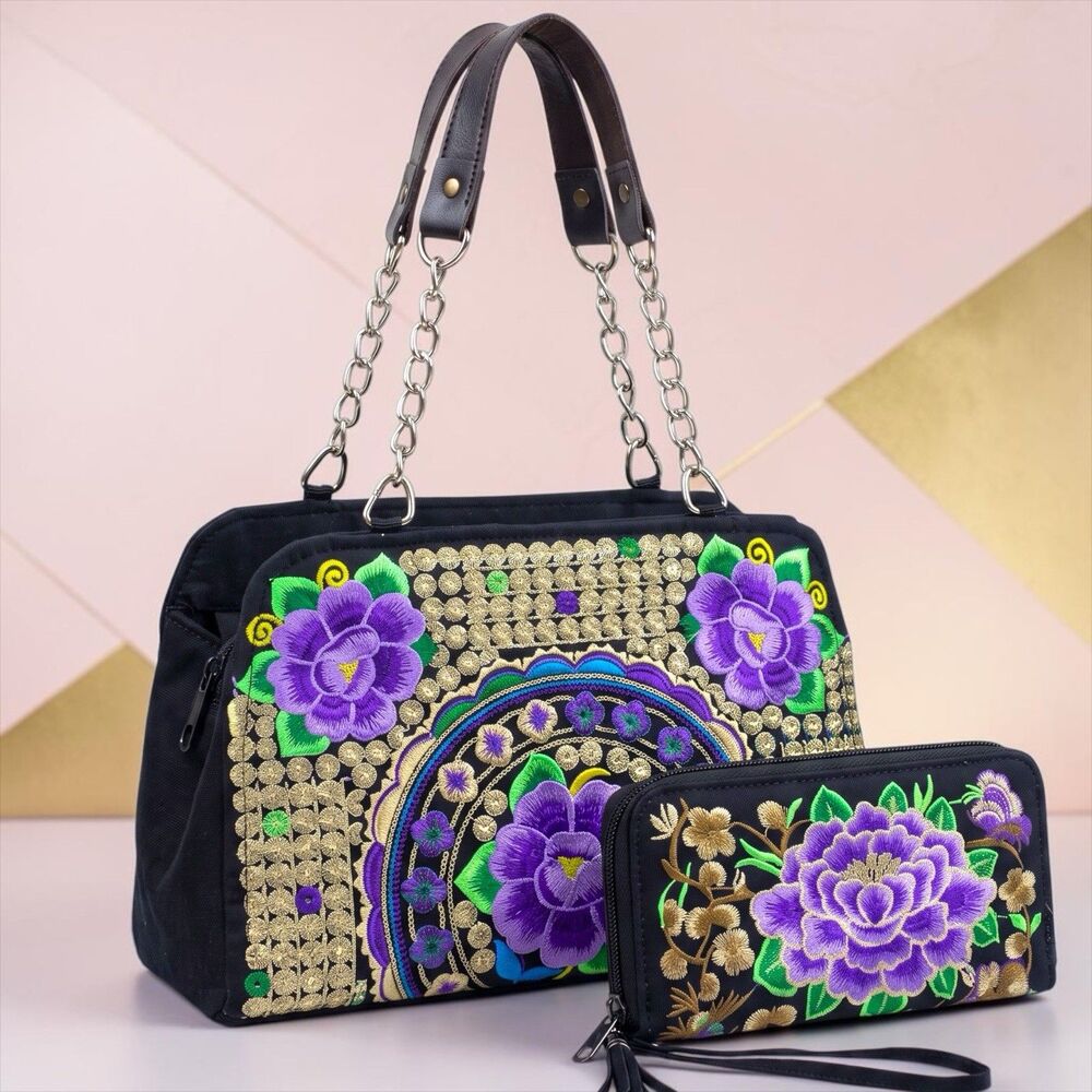 Vintage Floral Embroidered Purse Shoulder Bag Boho + Wallet Multicolor Hippie